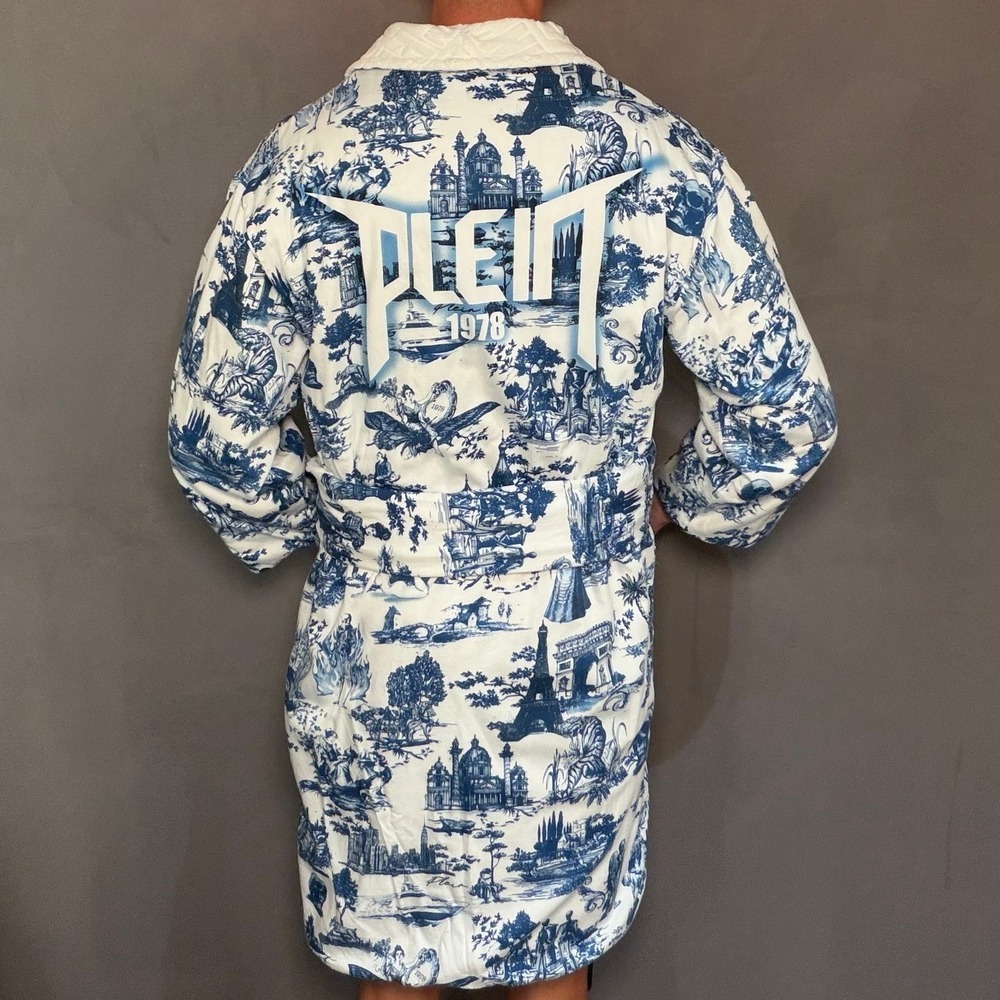 Couture Philipp Plein Bathrobe En Plein Air White Blue 100% Cotton‎ Small Luxury - Picture 5 of 14